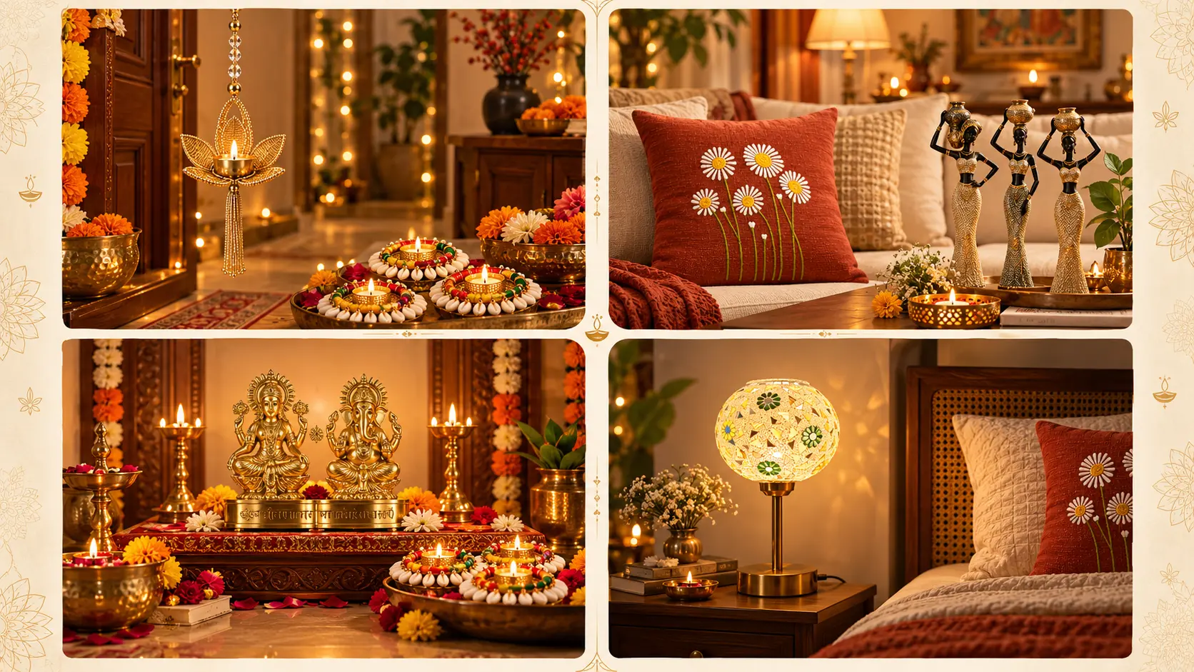 Cohesive Diwali decoration ideas for entrance living room pooja room and bedroom