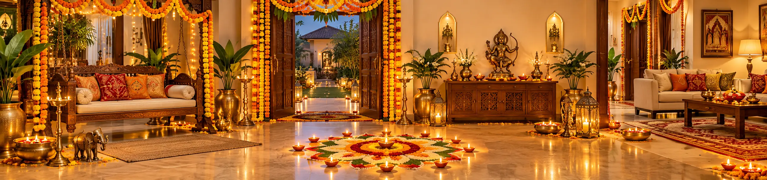 Dussehra home decoration with diyas, flowers, rangoli and festive decor