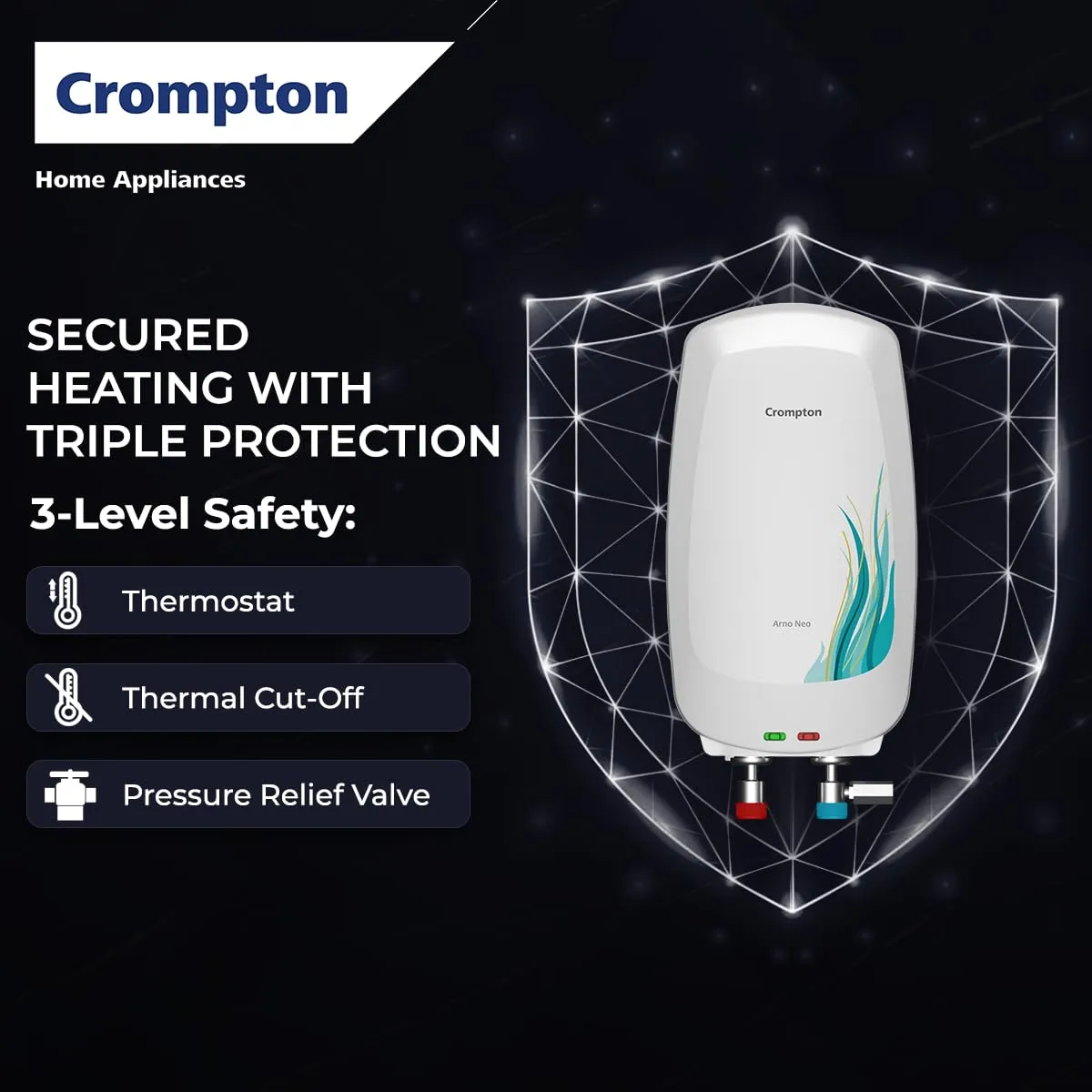Crompton Arno Neo 3 Litres instant water heater (Geyser) with 3 Level Advance Safety and Food grade technology|Rust proof Body | 5 years tank warranty | 2 years element warranty