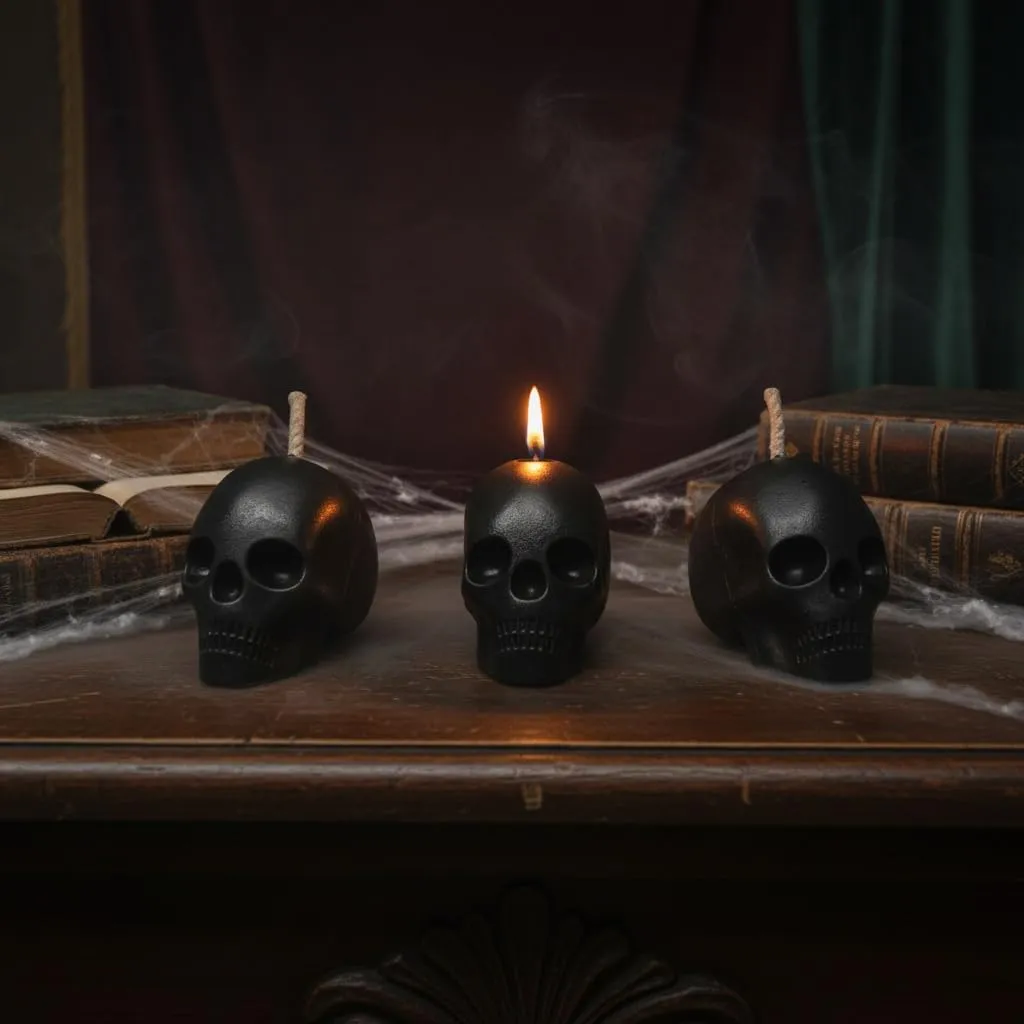Gothic Skull Decorative Candles Set of 3 Black | Halloween Home Decor | Spooky Candle Set for Party & Table Decoration | Unique Horror Theme Gifts for Goth Lovers