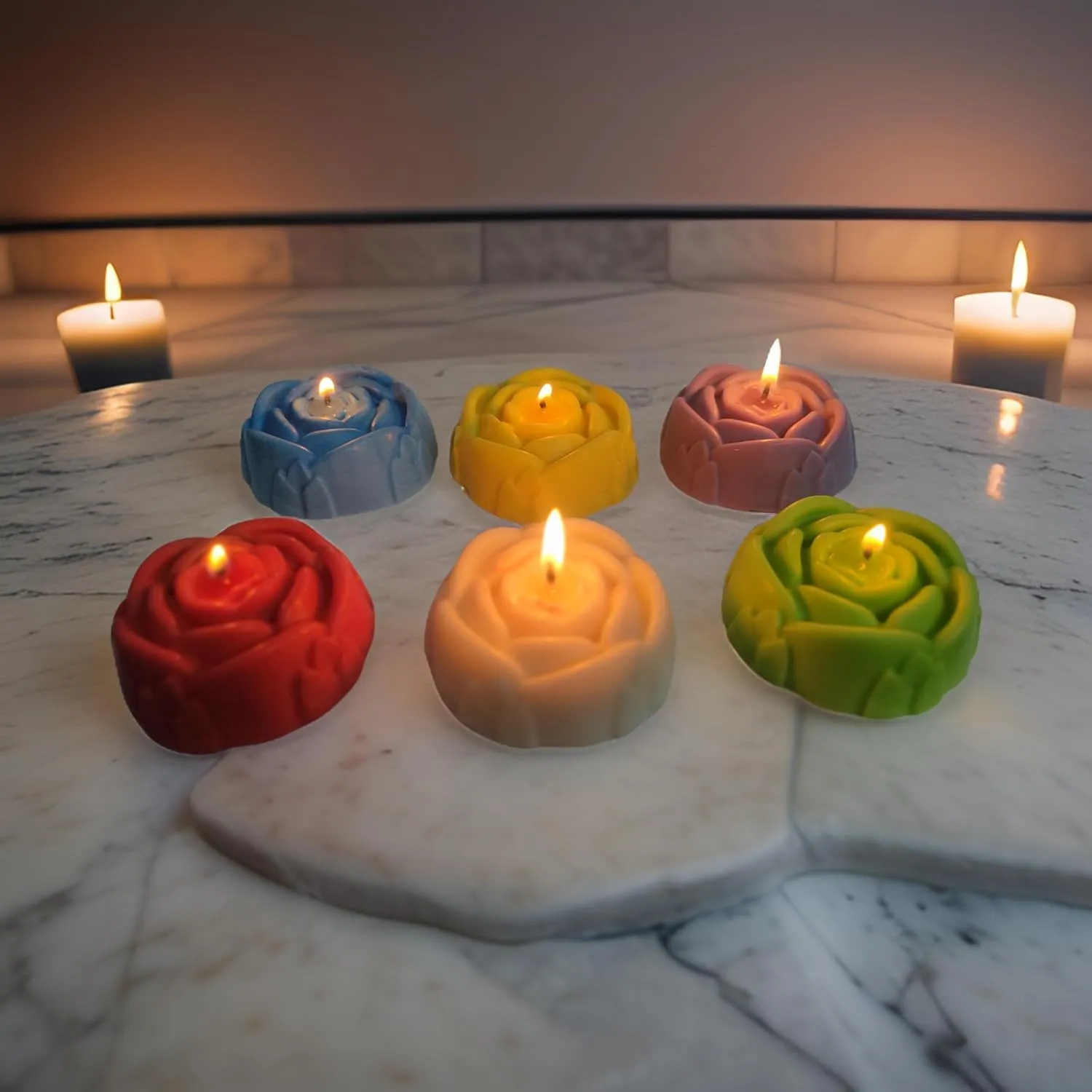 SS Enterprise Rose Flower Shaped Soy Wax Candles, Set of 6, Multicolour, Large Size, Organic, Smokeless, for Diwali, Home Decor, Christmas, Birthday Decoration