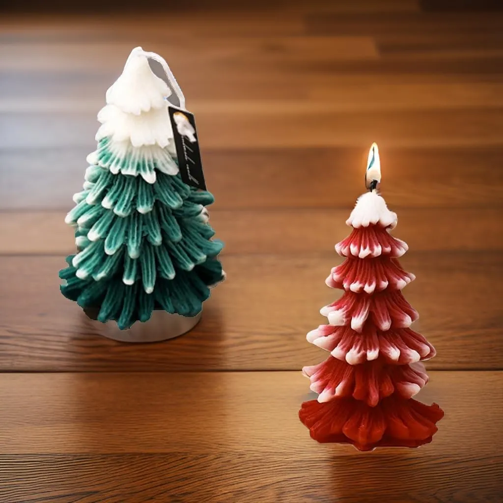 SS Enterprise Organic Soy Wax Christmas Tree Pillar Candles for Decor, Scented Aromatic Fragrance Candles, Smoke-Free, Xmas Decoration Accessories, Pack of 2, Green-Red