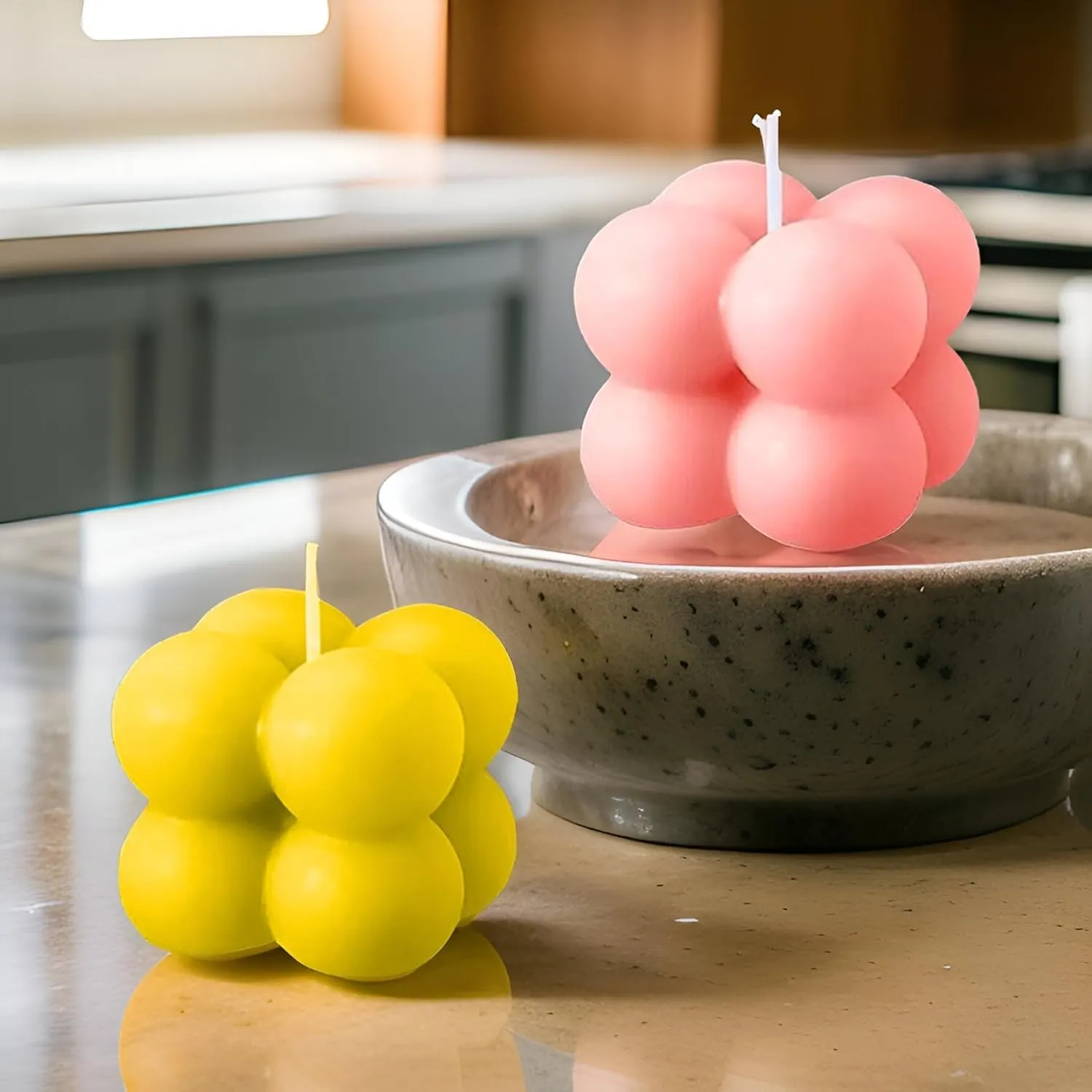 SS Enterprise Organic Soy Wax Bubble Candles, Scented Aromatic Fragrance, Smoke-Free Pillar Candles, Set of 2, Yellow-Pink, Home Decor