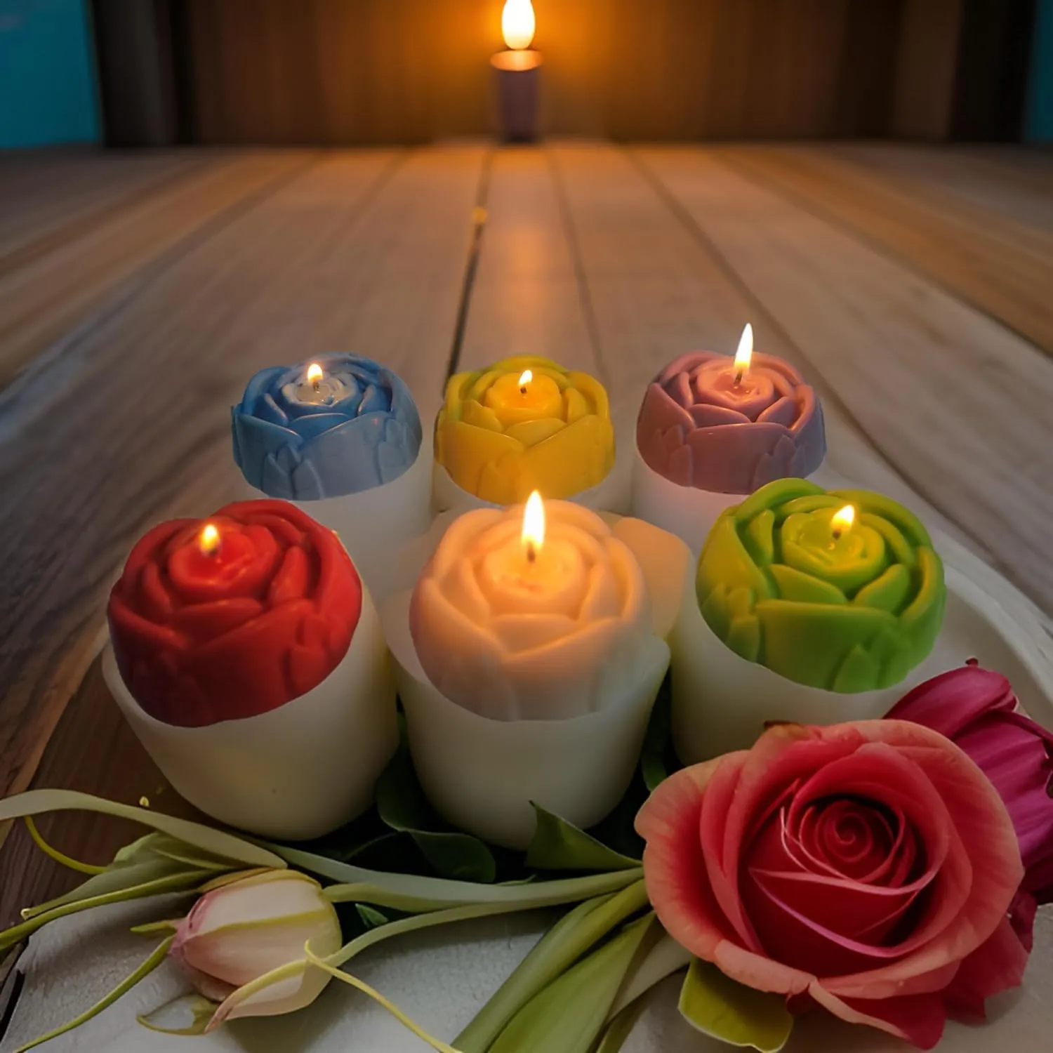 SS Enterprise Rose Flower Shaped Soy Wax Candles, Set of 6, Multicolour, Large Size, Organic, Smokeless, for Diwali, Home Decor, Christmas, Birthday Decoration