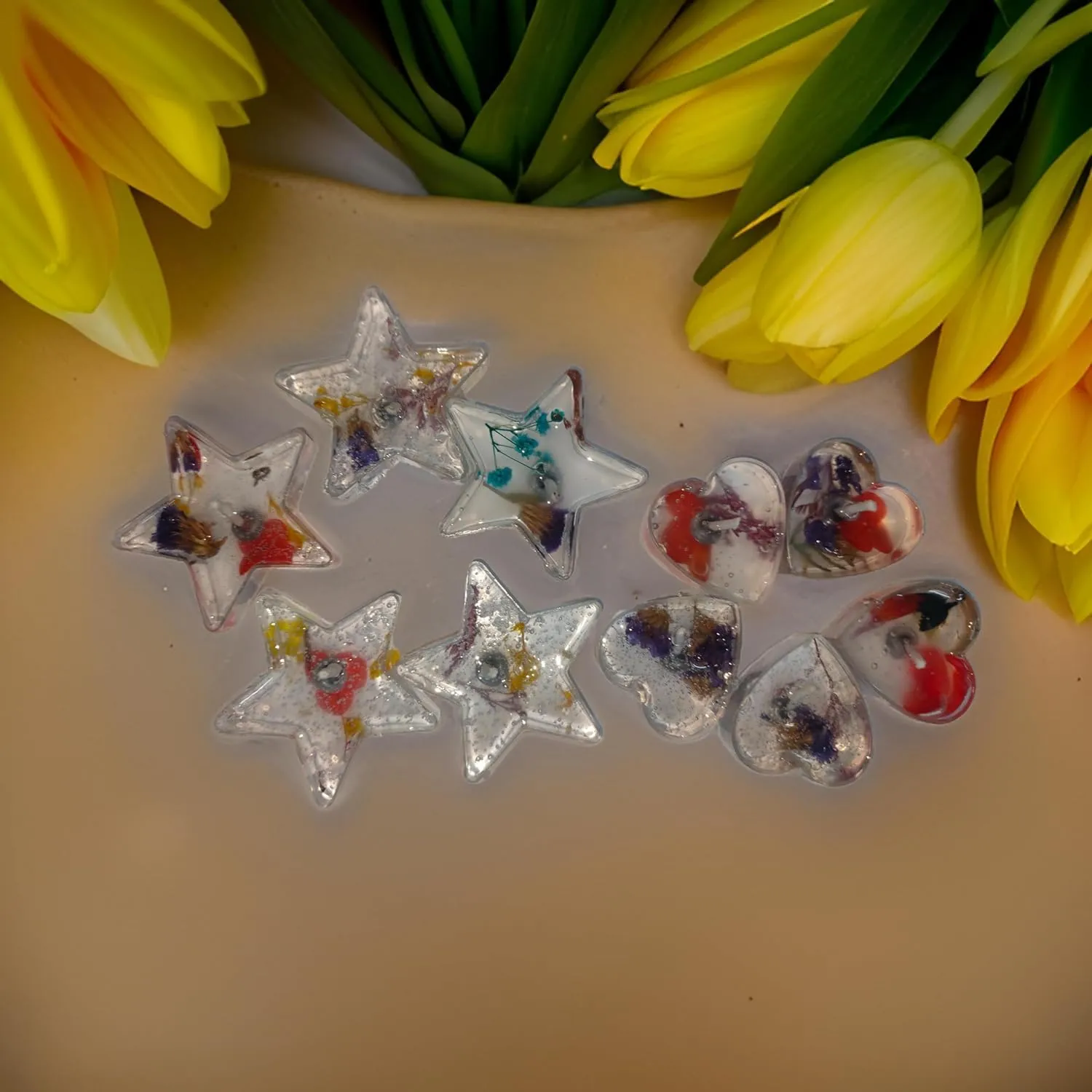 SS ENTERPRISE Gel Wax Candles with Imported Natural Flowers, 6 Hours Burn Time, Star and Heart Shaped Set of 10,