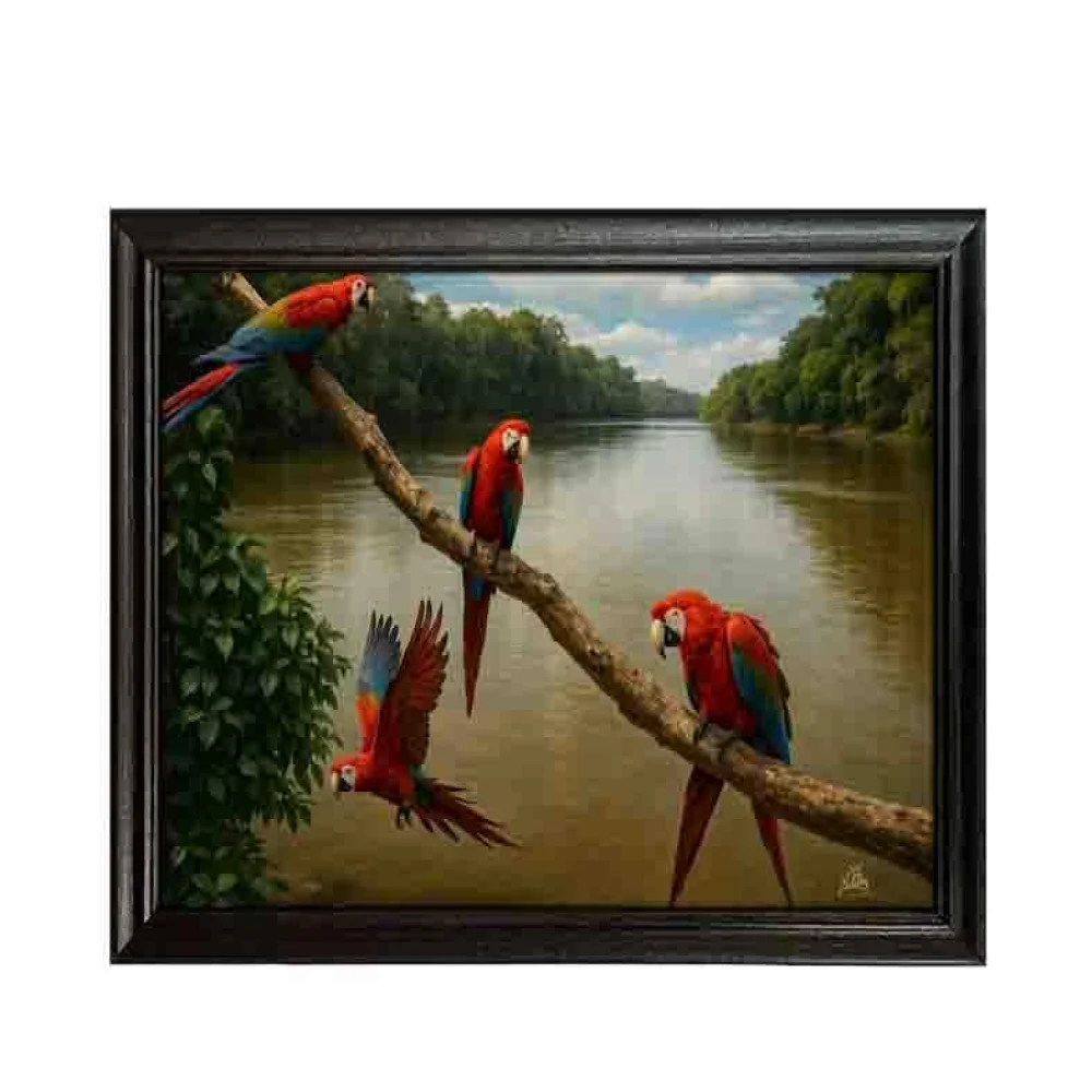 EMPEROR ART GALLERY®, Macaw Canvas Wall Art with Premium Wooden Frame, 58.4 x 40.6 cm, Tropical Birds River Scene