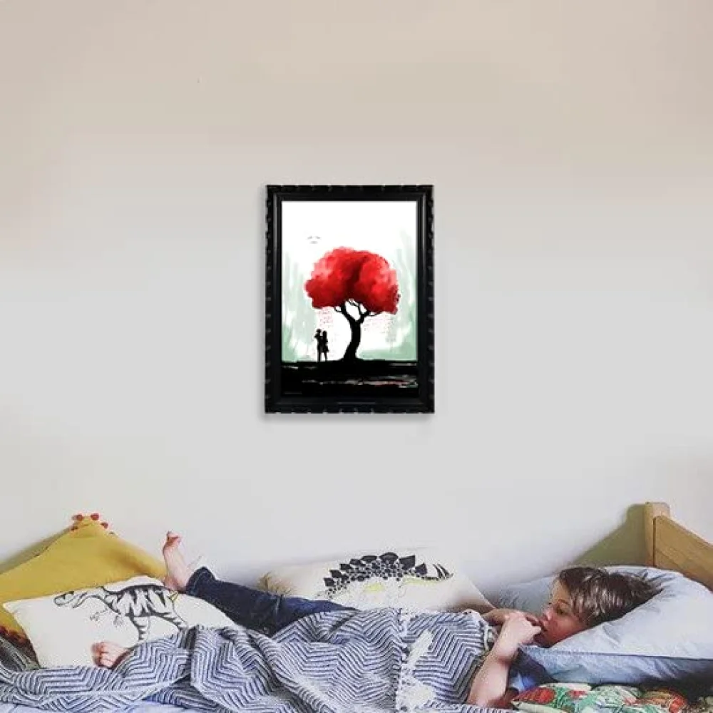 Mperor, Black and White Wall Art with Red Tree Laminated Digital Print With Wood Frame(18.1x13) in