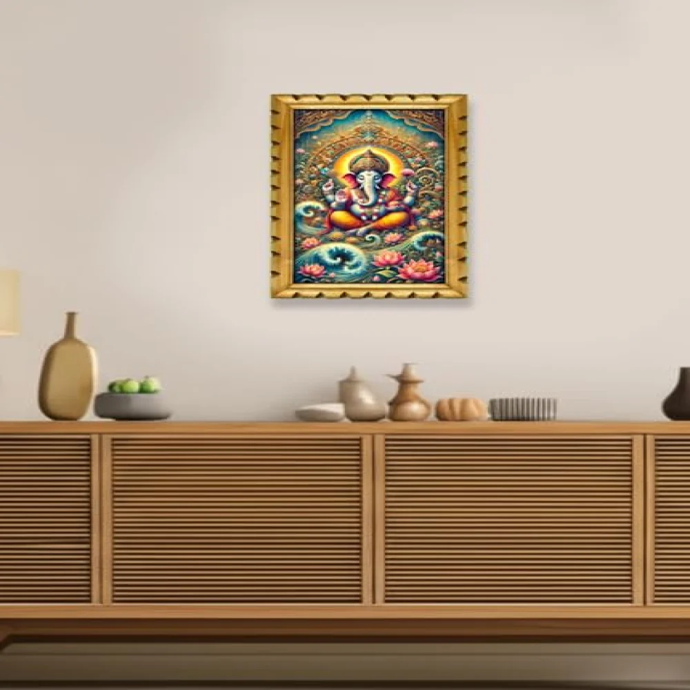 EMPEROR ART GALLERY®, Lord Ganesh Wall Frame, Premium Carved Wooden Frame, 30.5 x 50.8 cm, Digital Print with Glitter Lamination