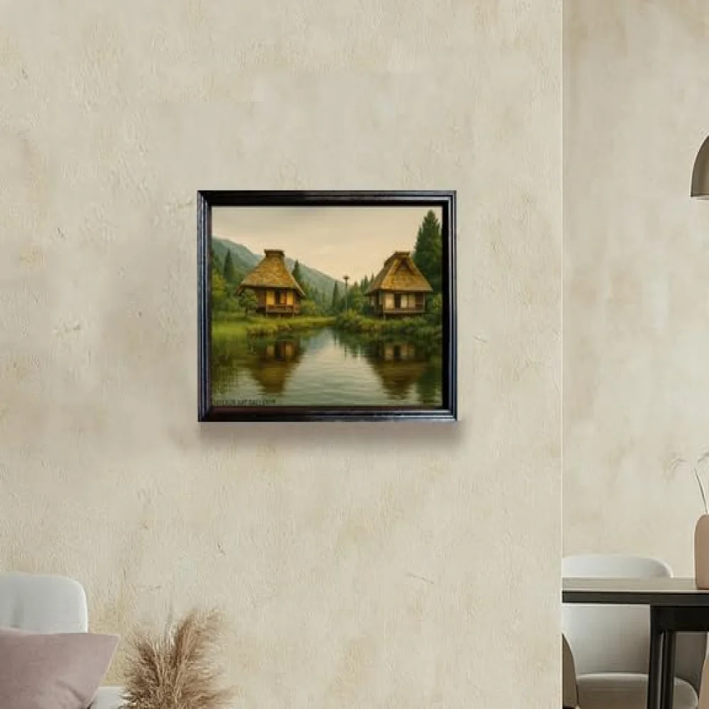 EMPEROR ART GALLERY®, Lakeside Cottage Wall Art Premium Wooden Photo Frame, Black Polished, 13 x 18.5 inches, Laminated Digital Print