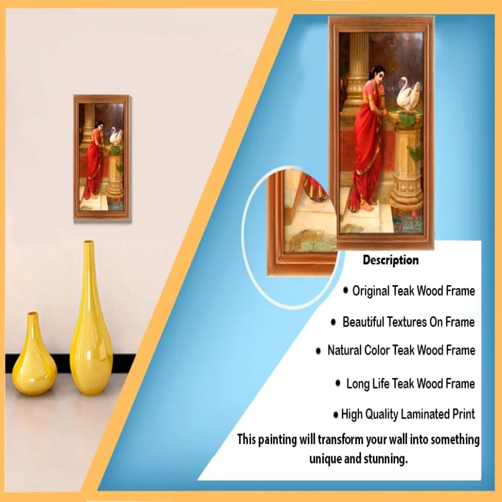 Lord Saraswati Laminated DIgital Re-Print with TEAK Wood Frame Digital Reprint 12.5 inch x 8 Painting