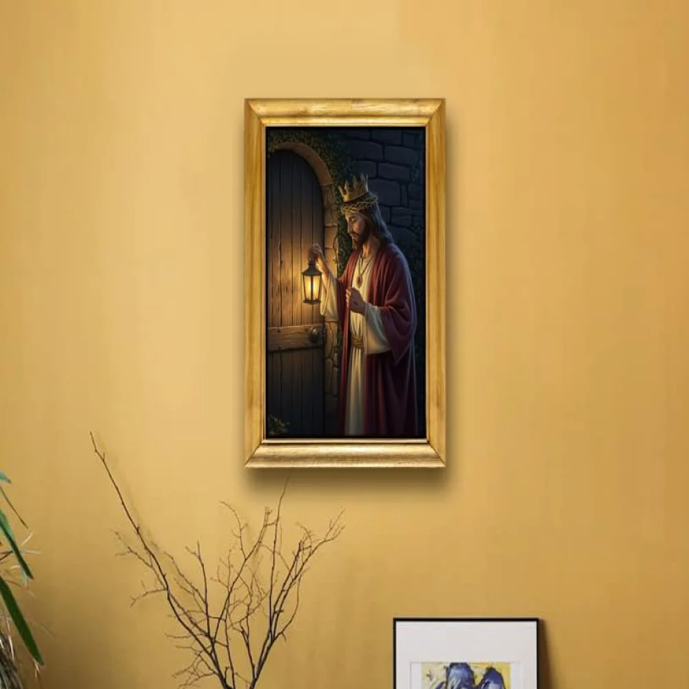 Jesus Christ Wall Art Framed Print, Knocking at Door Scene, 35.5 x 48.2 cm Natural Wooden Frame, Glitter Laminated