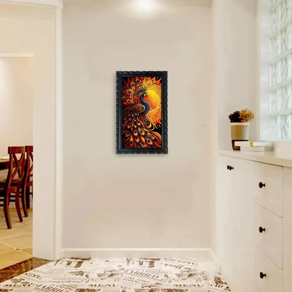 Celtic Peacock Wall Art, 28 x 51 cm, Laminated Digital Print, Black Carved Wooden Frame,for Wall