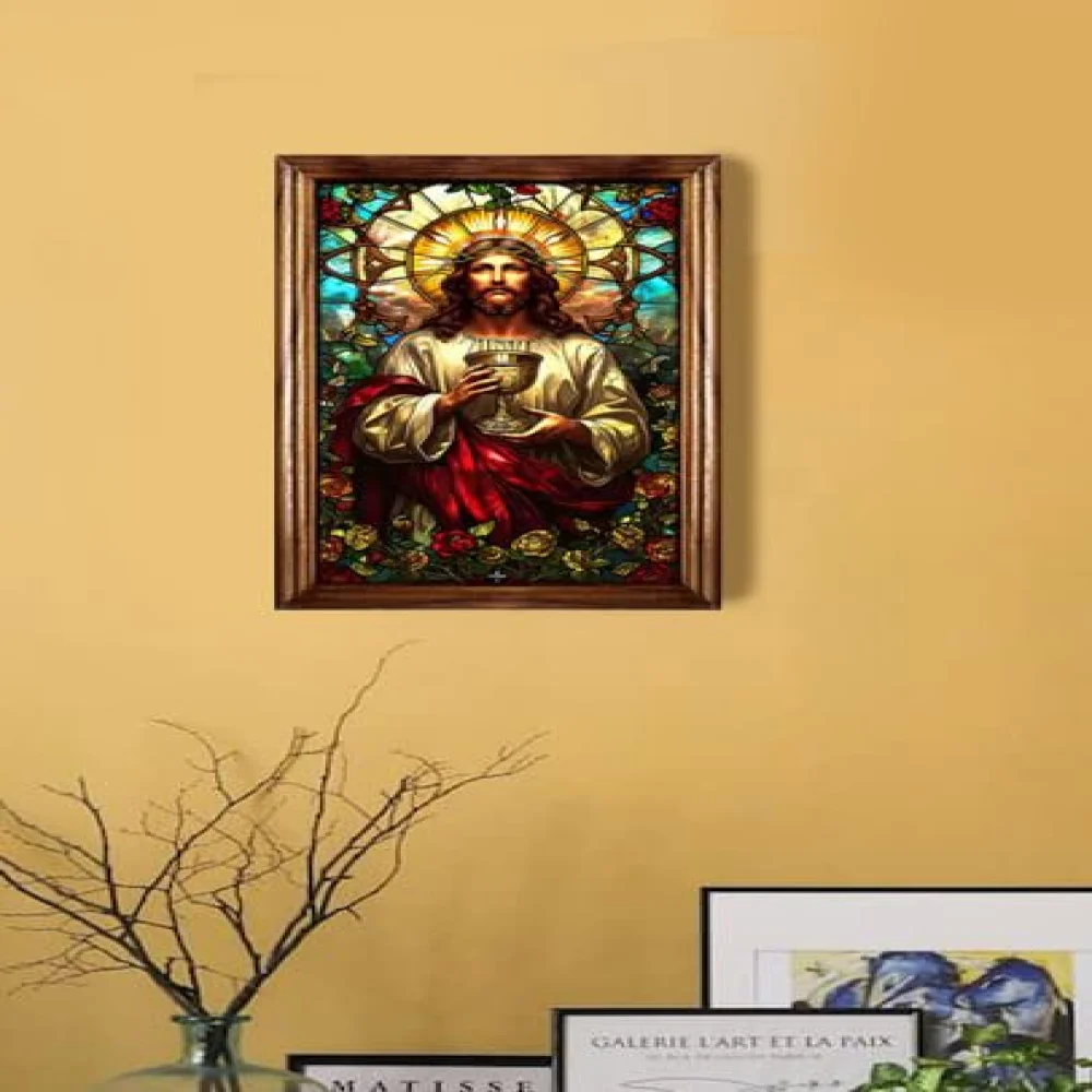 EMPEROR ART GALLERY®,Jesus Christ Painting Wall Art, Teak Wood Frame, 13.5 x 8.2 inches, Glitter Film Laminated
