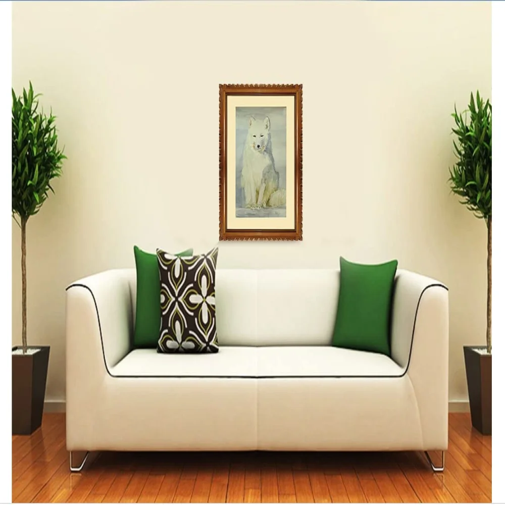 EMPEROR ART GALLERY, ''The Whitefox'' Original Handmade Water Painting With Teak Wood Frame For Wall(29.4x22.6) In