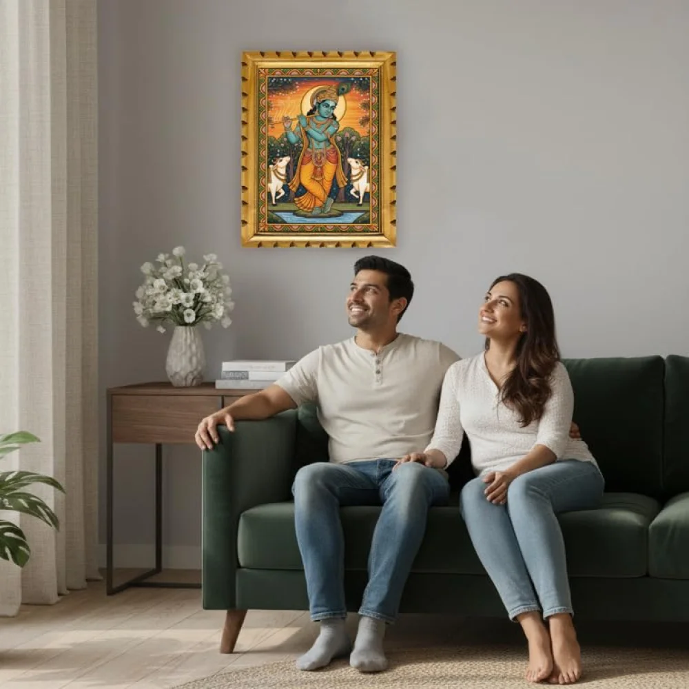 Lord Krishna Mural Painting with Premium Wooden Frame, Traditional Indian Art, 19x14 Inch, Film Laminated Digital Print, Carved Design