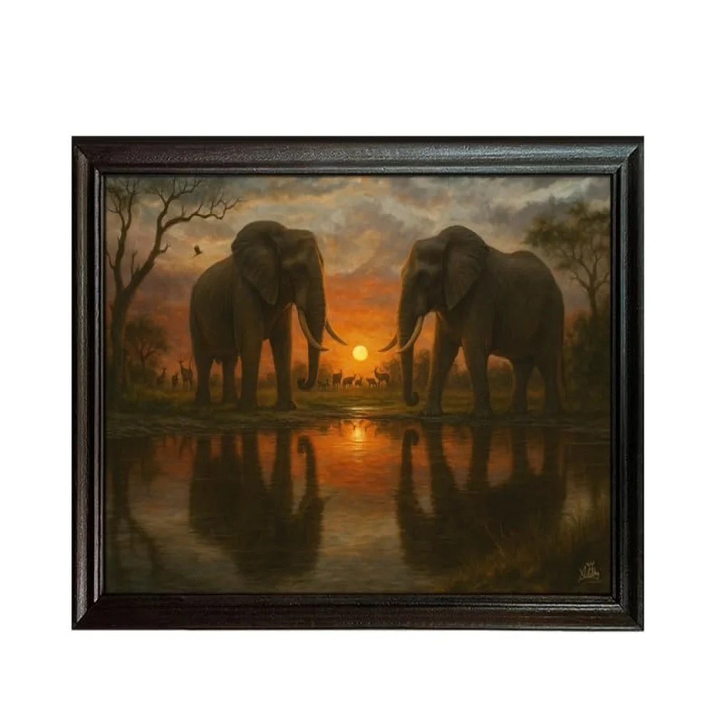EMPEROR ART GALLERY®, African Elephants Sunset Canvas Wall Art with Premium Wooden Frame, 23 x 16 inches, Black Frame