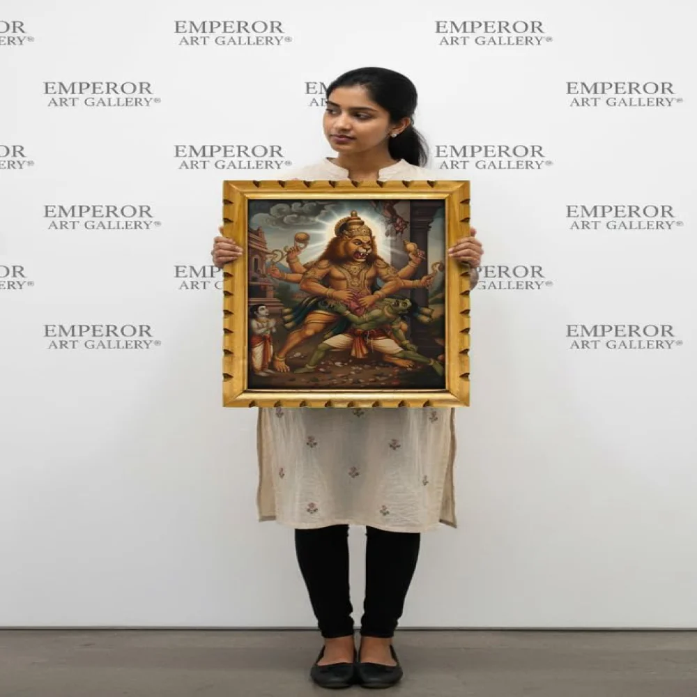 EMPEROR ART GALLERY®,Traditional Hindu Wall Decor Lord Narasimha Swamy Digital Print, Wooden Frame with Gold Finish, 14 x 17 inch, Film Laminated Religious Art