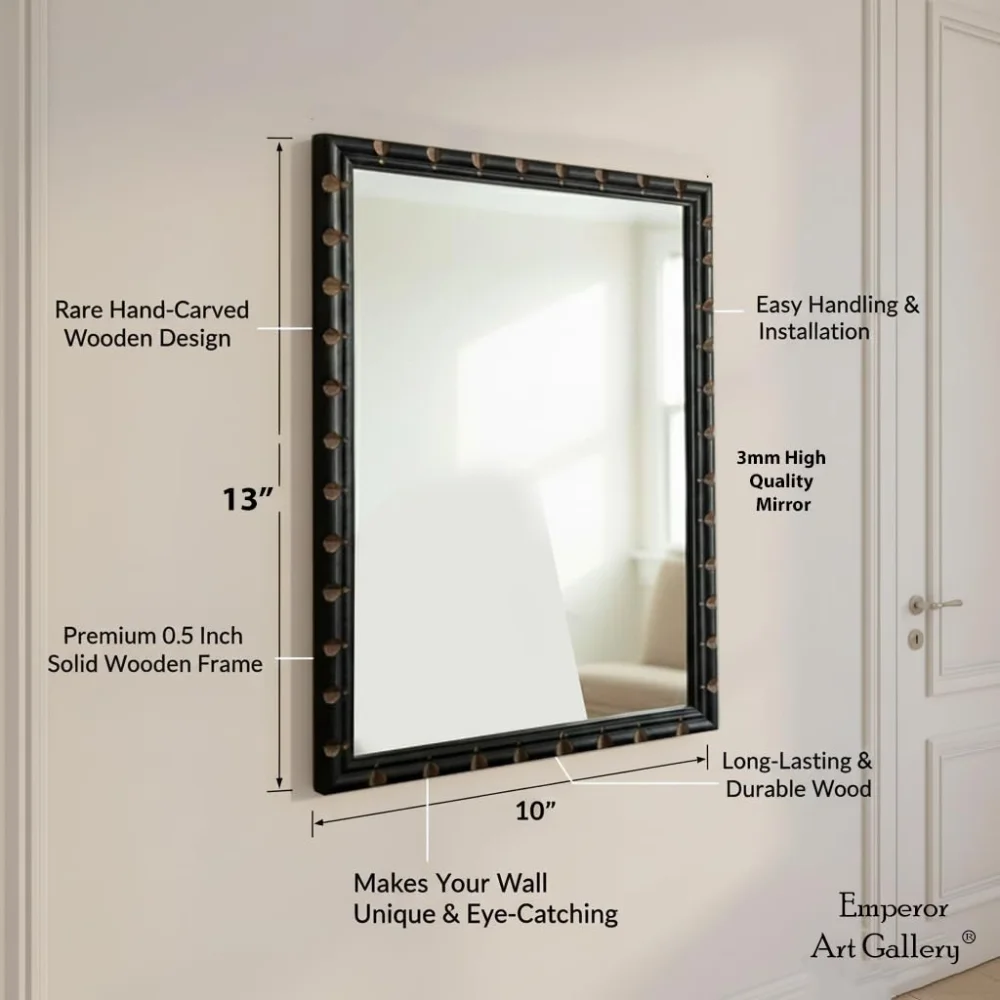 EMPEROR ART GALLERY®, Decorative Wall Mirror, Black Wooden Frame with Hand-Carved Design, 33 x 25.4 cm, Premium 3mm Mirror
