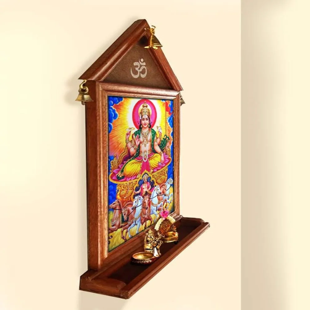 EMPEROR ART GALLERY Lord Surya Bhagwan Wooden Wall Temple, 21.4 x 12 inch, Premium Hardboard with Glass, Decorative Bells