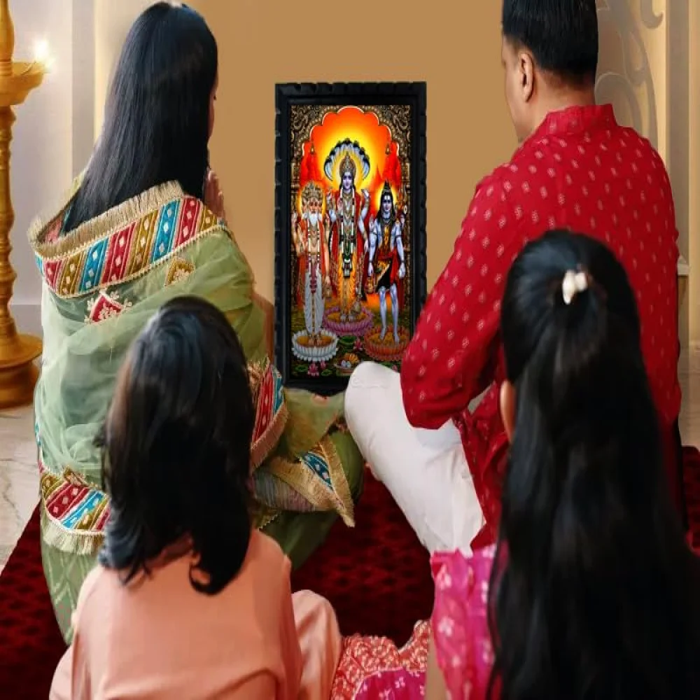 Hindu Trinity Framed Wall Art, Lords Brahma Vishnu,Shiva, Premium Wooden Frame, 33 cm x 50.8 cm, Digital Print with Glass