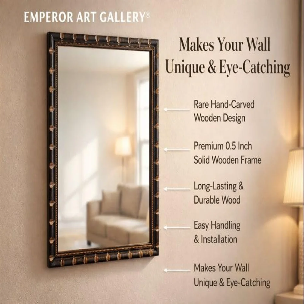 EMPEROR ART GALLERY®, Decorative Wall Mirror, Black Wooden Frame with Hand-Carved Design, 33 x 25.4 cm, Premium 3mm Mirror