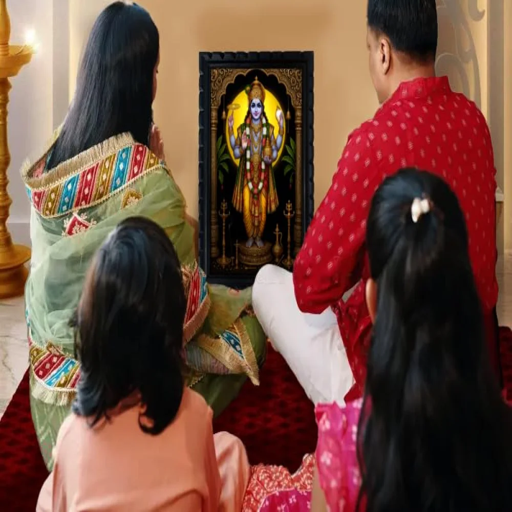 EMPEROR ART GALLERY®,Lord Dhanvantari Dev Premium Wooden Frame, 14x20 inch, Glitter Laminated Digital Print, Carved Design