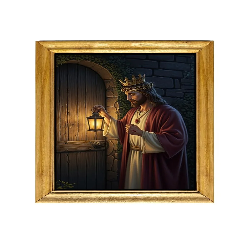 Jesus Christ Wall Art Framed Print, Knocking at Door Scene, 35.5 x 48.2 cm Natural Wooden Frame, Glitter Laminated