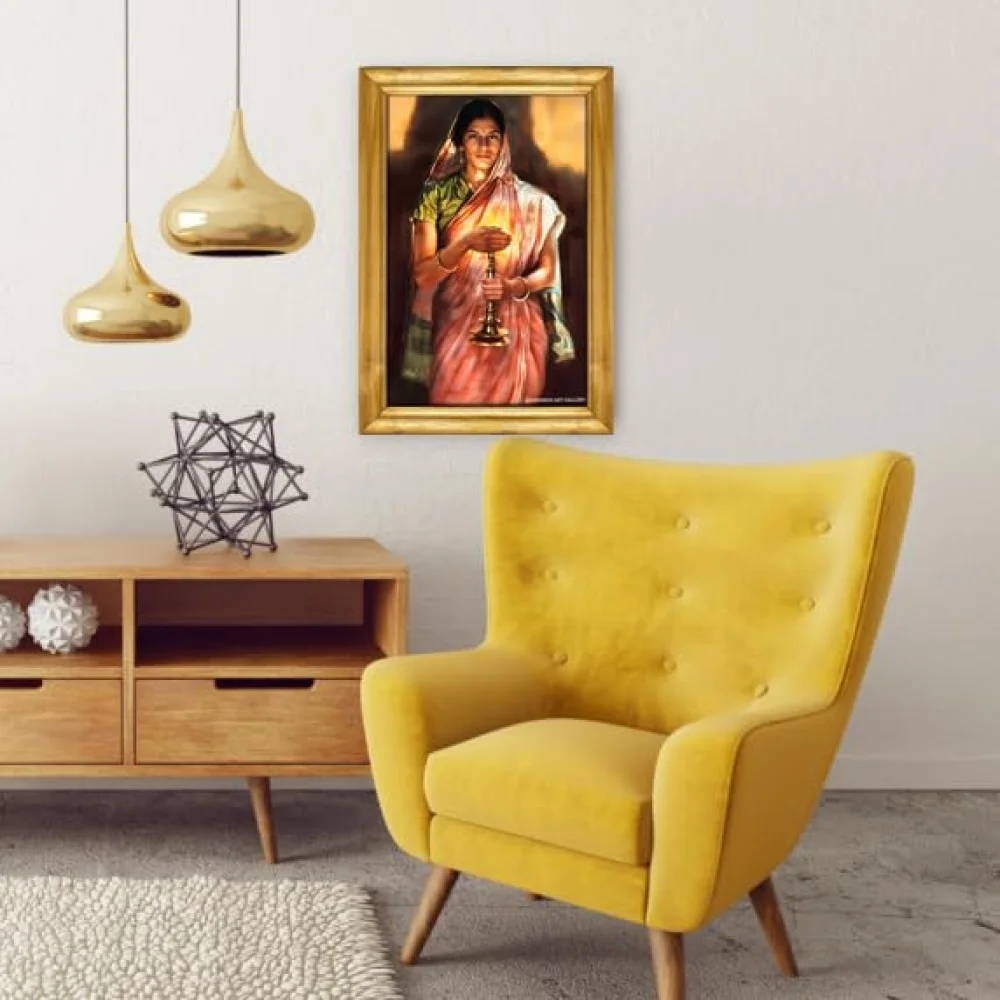 Traditional Indian Wall Art with Wooden Frame, 33 x 48 cm, Laminated Digital Print