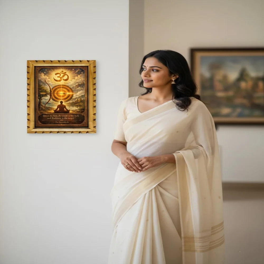 Om Symbol Spiritual Wall Art with Wooden Frame, Original Carved Design, 300 GSM Digital Print Film Laminated, 14x20 Inch, Upanishads Quote