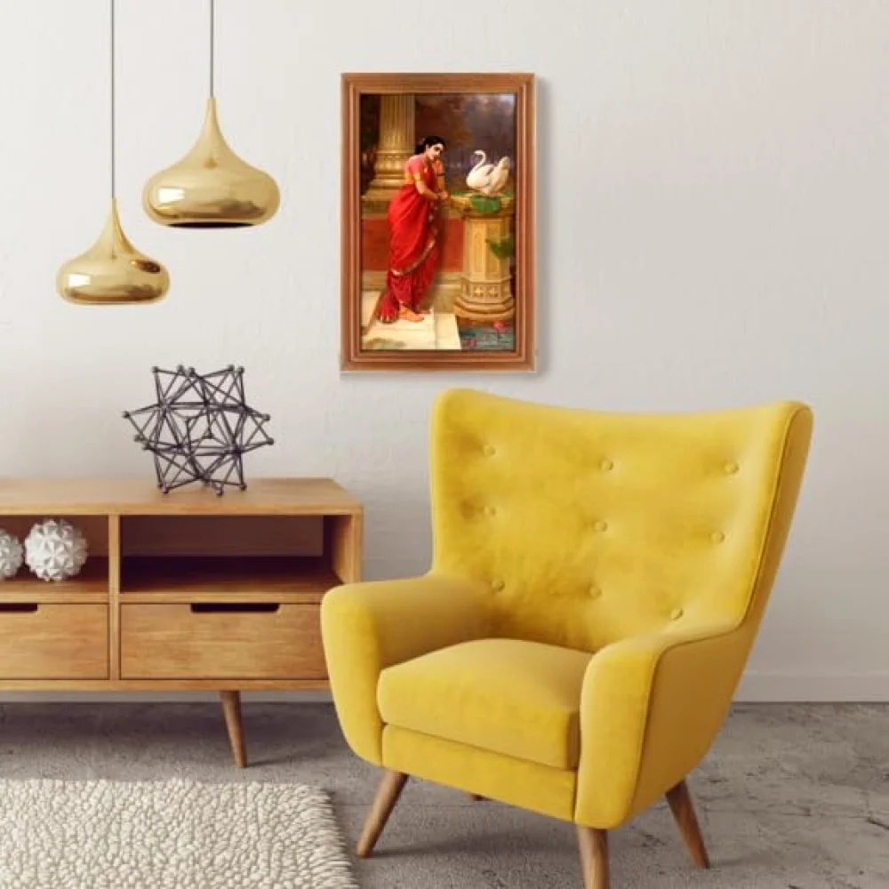 Lord Saraswati Laminated DIgital Re-Print with TEAK Wood Frame Digital Reprint 12.5 inch x 8 Painting