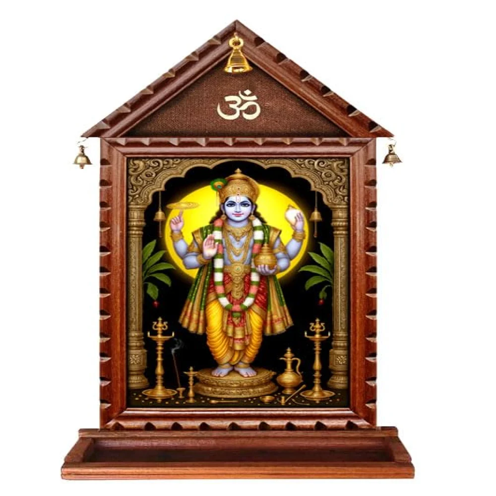 EMPEROR ART GALLERY®,Lord Dhanvantari Dev Wooden Wall Temple, 21.4 x 11 inch, Premium Carved Design Wooden Frame with Stand, Glass Protected