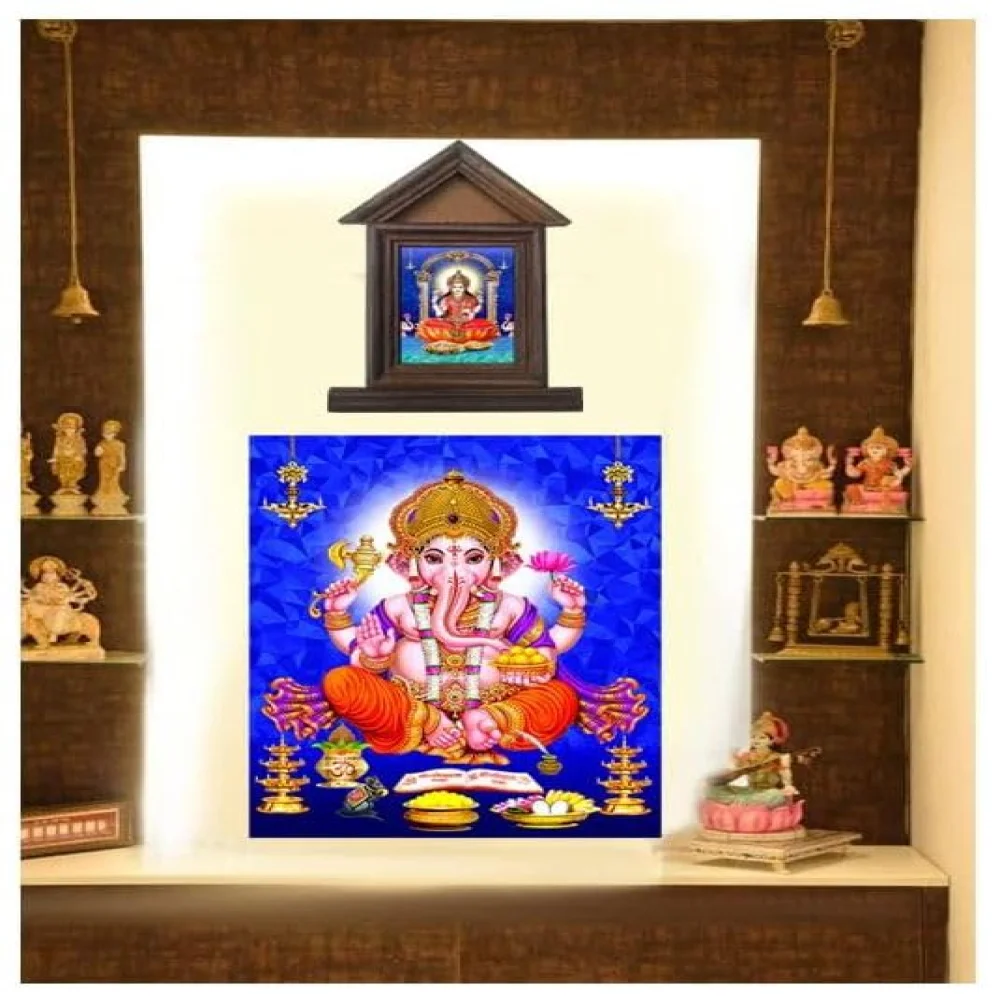 mperor Lord Ganesha Laminated Digital Re-Print and Lord Lakshmi Original Teak Wooden Small Temple