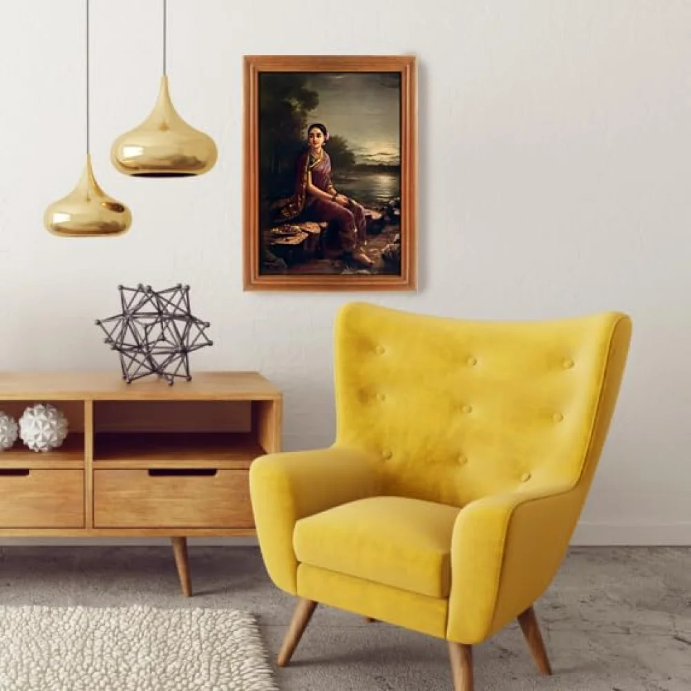 Radha in the Moonlight Laminated DIgital Re-Print with TEAK Wood Frame Digital Reprint 12.5 inch x 9 Painting