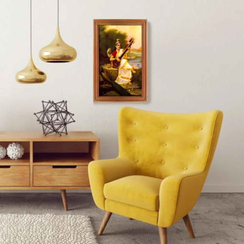 Lord Saraswati Laminated DIgital Re-Print with TEAK Wood Frame Digital Reprint 12.5 inch x 8 Painting