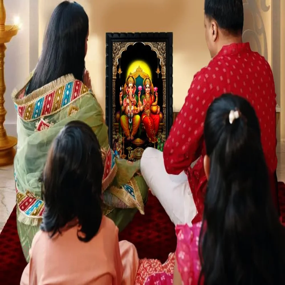 EMPEROR ART GALLERY®,Lord Ganesha and Goddess Lakshmi Wooden Frame Photo, Film Glitter Laminated Digital Print, 34.5 x 50.8 cm, Black Carved Design