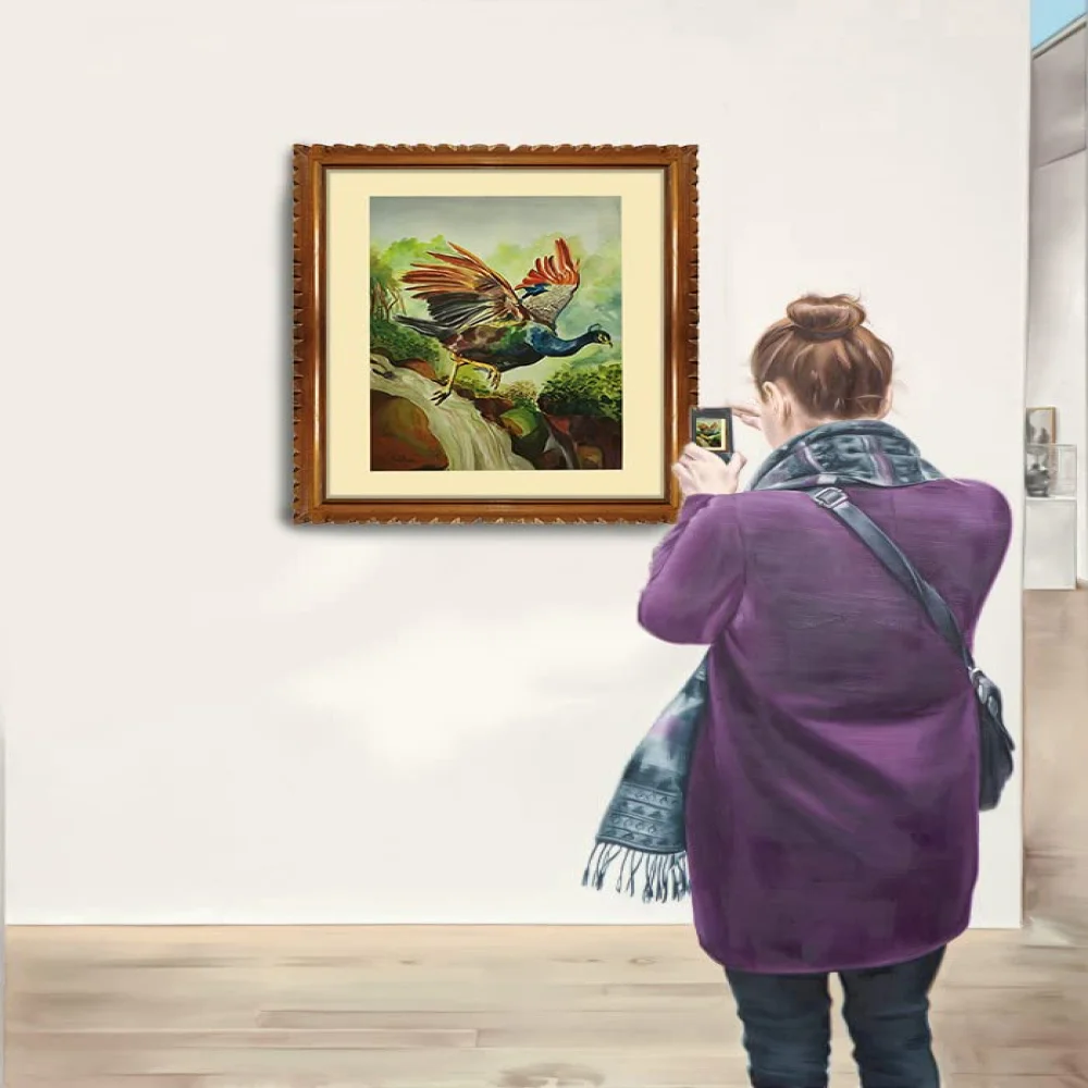 EMPEROR ART GALLERY, ''Pikok'' Original Handmade Water Painting With Teak Wood Frame For Wall(29.4x23) In