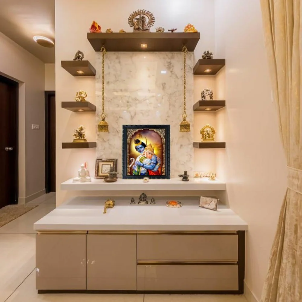 Hindu Religious Wall Art, Hanuman and Ram Ji Digital Print, 14 x 9.8 inch Wooden Frame with Glass