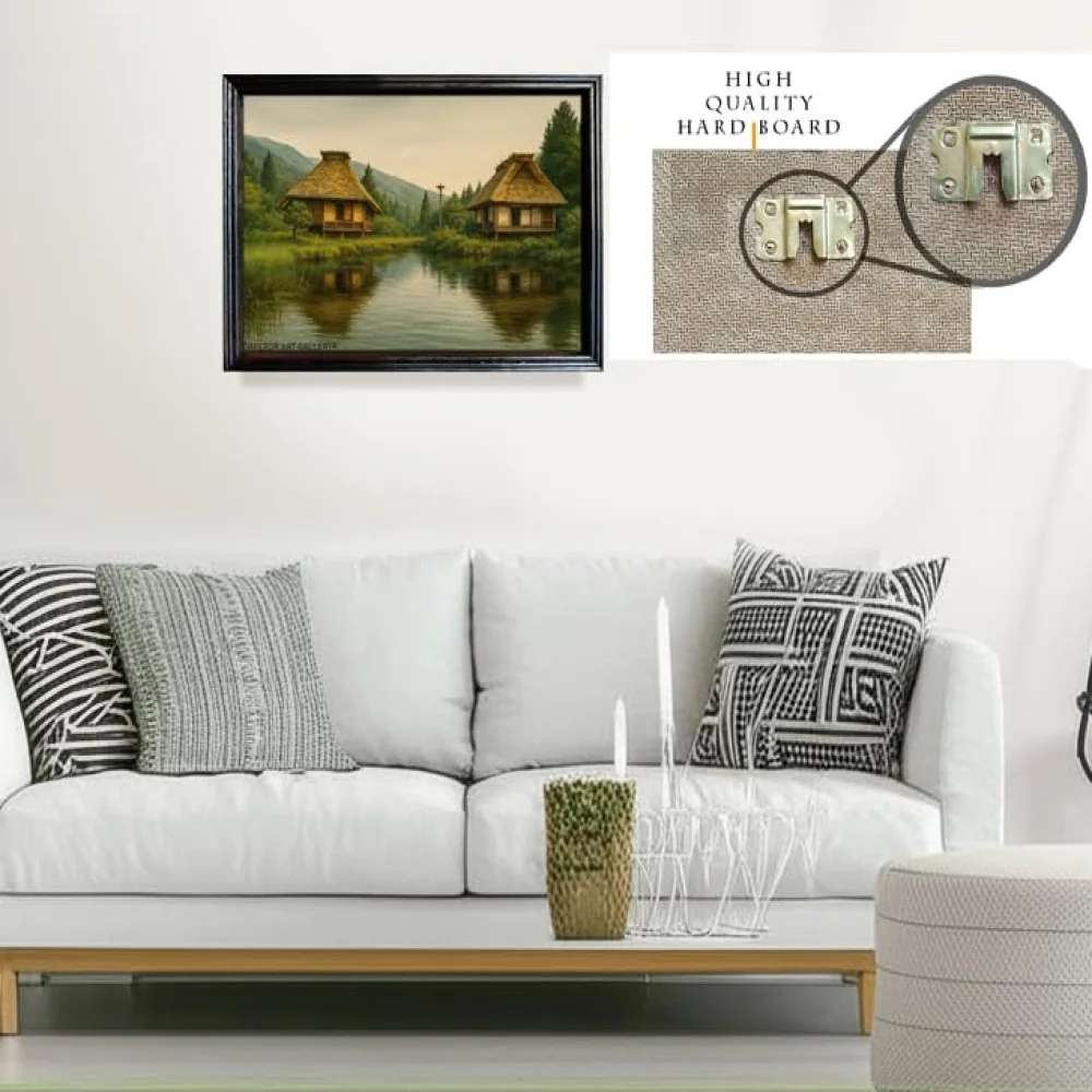 EMPEROR ART GALLERY®, Lakeside Cottage Wall Art Premium Wooden Photo Frame, Black Polished, 13 x 18.5 inches, Laminated Digital Print