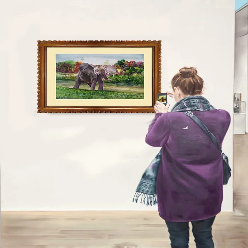 EMPEROR ART GALLERY, ''Elephant'' Original Handmade Water Painting With Teak Wood Frame For Wall(29.4x23) In