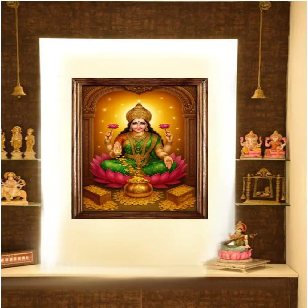EMPEROR ART GALLERY®, Lakshmi Mata Religious Wall Art, Teak Wood Frame with Carved Design, 24x34 cm, Film Laminated Digital Print