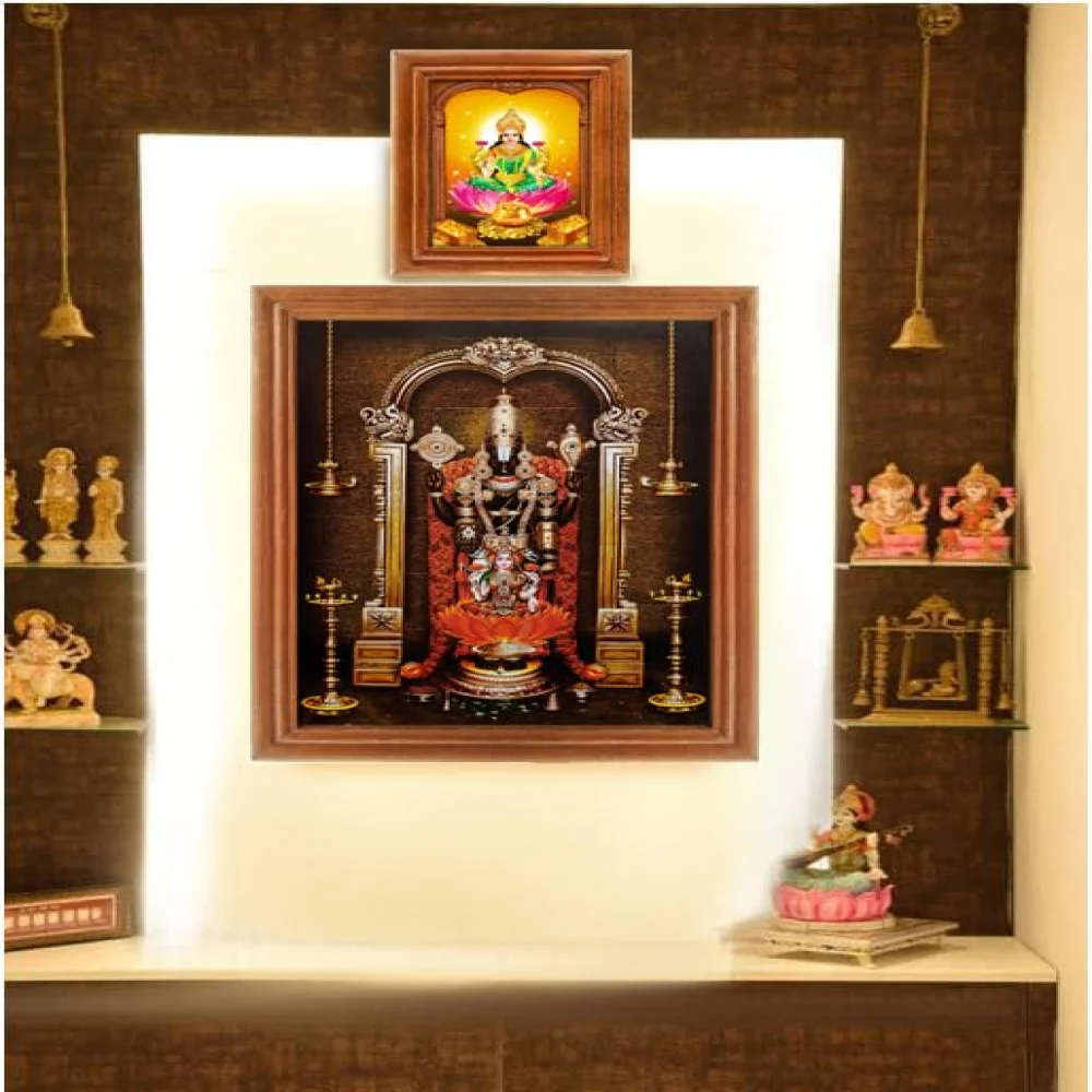 Lord Venkateswara Swamy With Lakshmi Photo Frame Original Teak Wood Frame Size (12.5 X 9.2)(5.5x7) in (Brown)