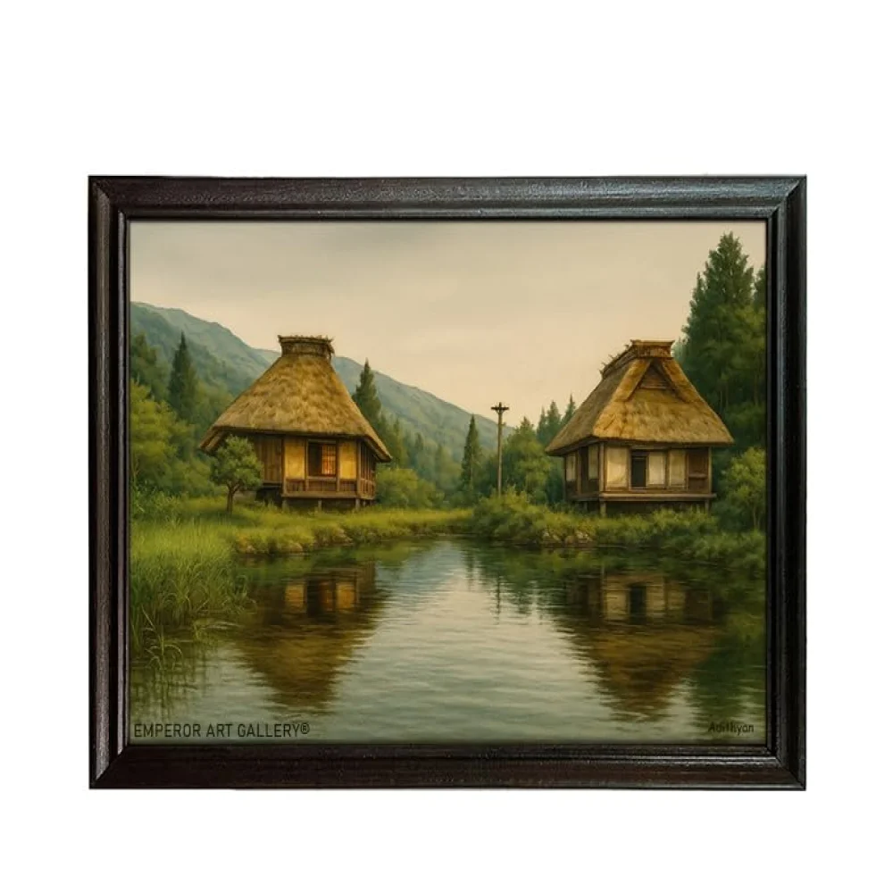 EMPEROR ART GALLERY®,Lakeside Cottage Canvas Wall Art with Premium Black Wooden Frame, 58.4 x 40.6 cm