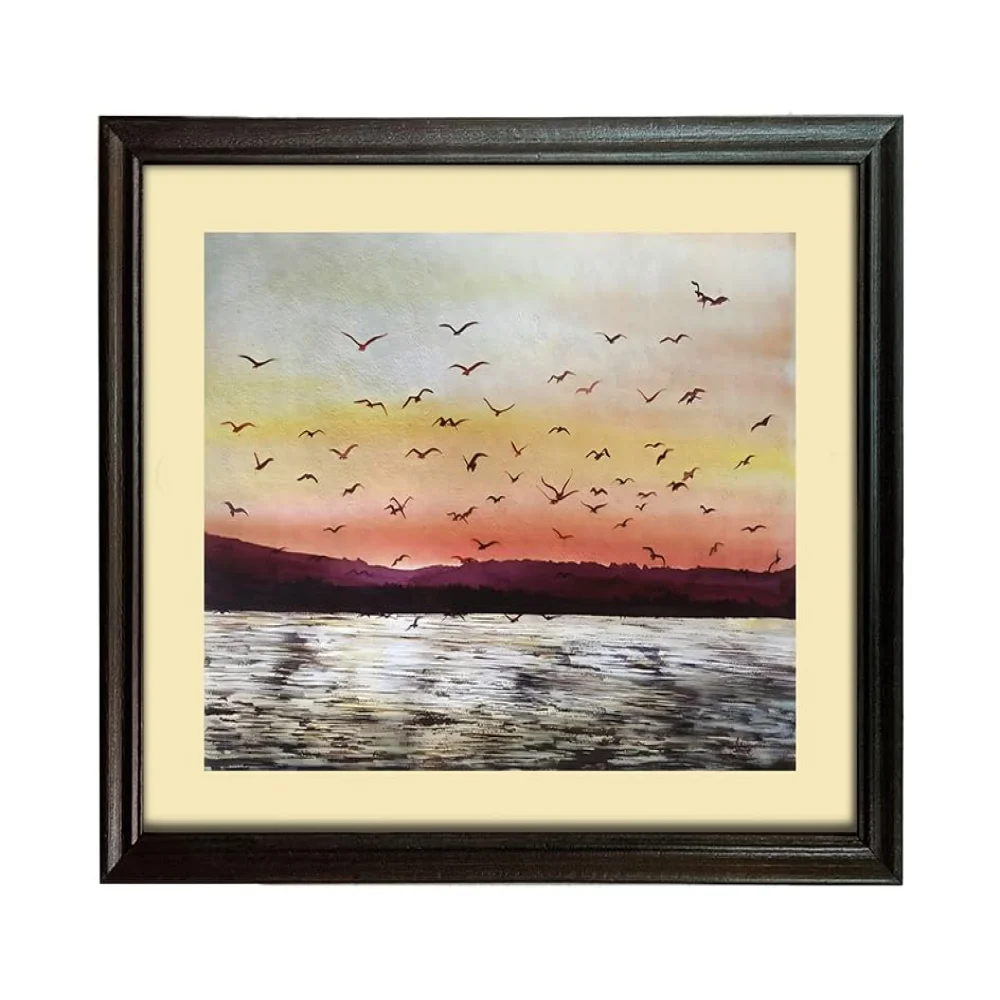 EMPEROR ART GALLERY®,Sunset Lake Canvas Wall Art with Premium Wooden Frame, 24 x 19 inch, Birds in Flight Landscape Painting