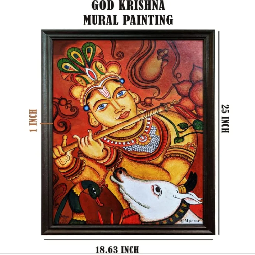 EMPEROR ART GALLERY Kerala Mural Painting #God Krishna# Canvas Print With Jungle Wood Frame# Size (25 x 18.63) Digital Reprint 25 inch x 18.63 inch Painting