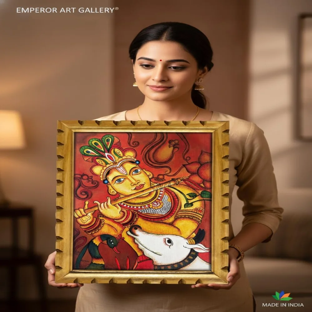 EMPEROR ART GALLERY®, Lord Krishna Mural Painting, Premium Wooden Frame with Carved Design, 18x14 Inch Digital Print, Film Laminated, Traditional Indian Wall Art