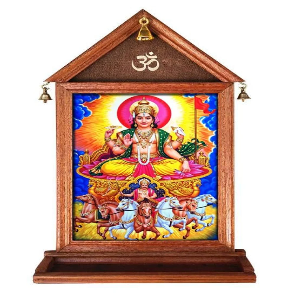 EMPEROR ART GALLERY Lord Surya Bhagwan Wooden Wall Temple, 21.4 x 12 inch, Premium Hardboard with Glass, Decorative Bells