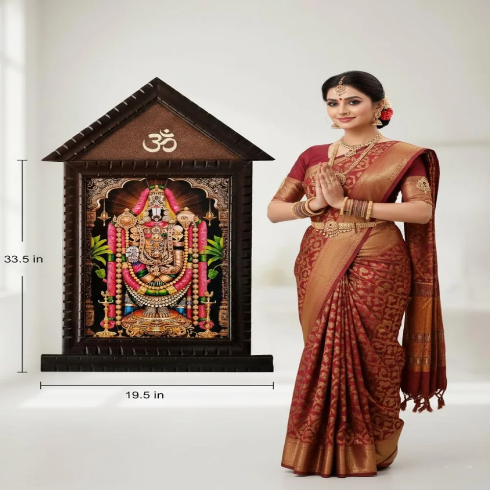 EMPEROR ART GALLERY®,Lord Venkateswara Swamy Religious Photo Frame with Premium Carved Wooden Design, Om Symbol, Temple Style, 33.4 x 19.4 Inch