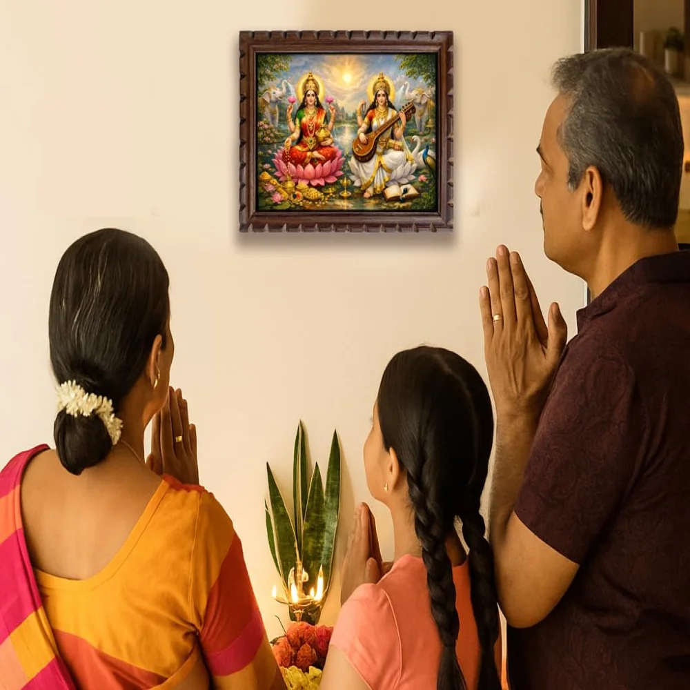 Lord Lakshmi and Saraswati Framed Photo, Premium Natural Wooden Frame with Glass, Hindu Goddess Wall Art, 15.5x11 Inches