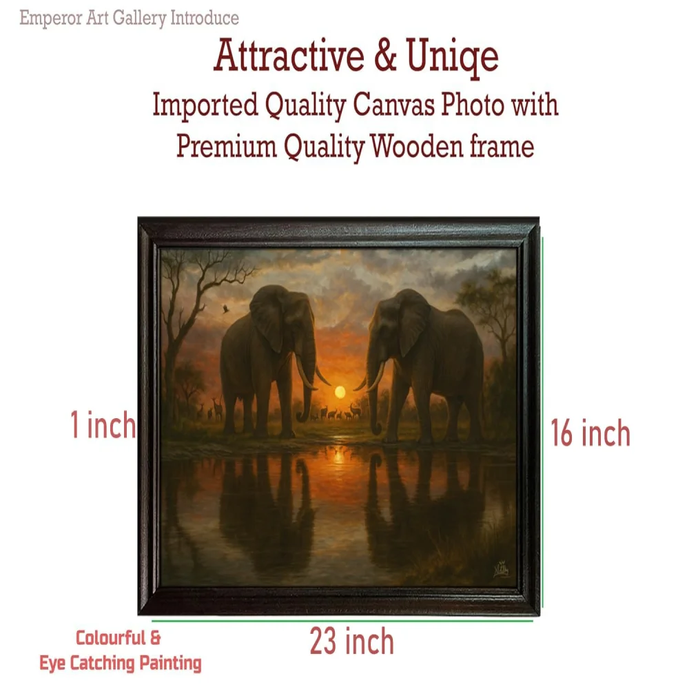 EMPEROR ART GALLERY®, African Elephants Sunset Canvas Wall Art with Premium Wooden Frame, 23 x 16 inches, Black Frame
