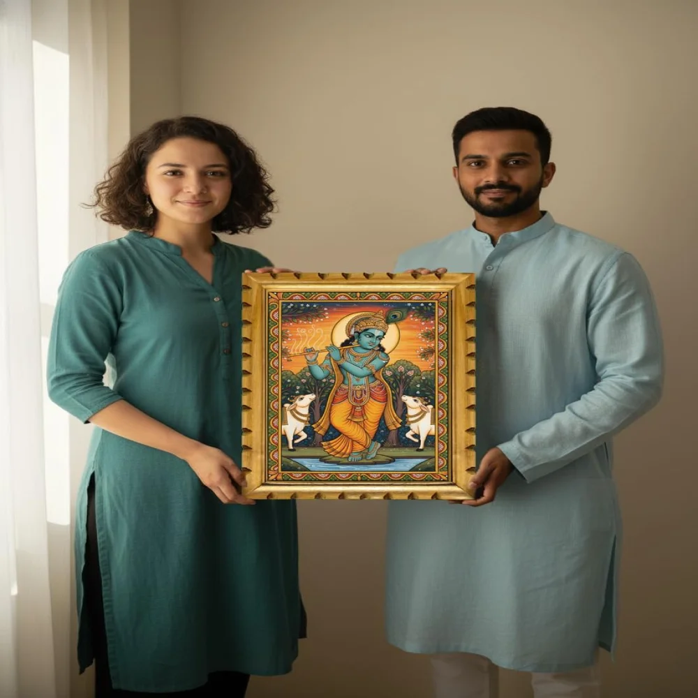 Lord Krishna Mural Painting with Premium Wooden Frame, Traditional Indian Art, 19x14 Inch, Film Laminated Digital Print, Carved Design